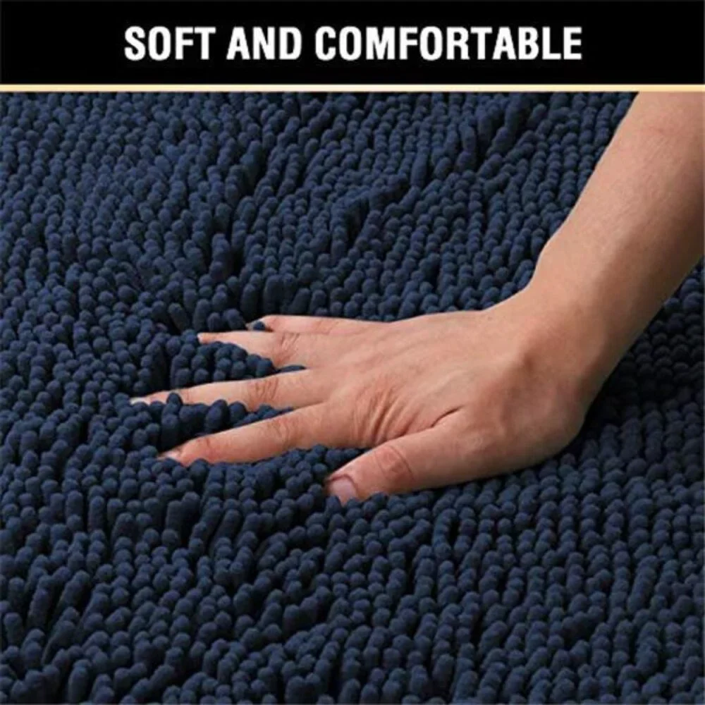 Navy Blue Bath Rug Chenille Non Slip Bath Mat Soft Absorbent Plush Bathroom Rug